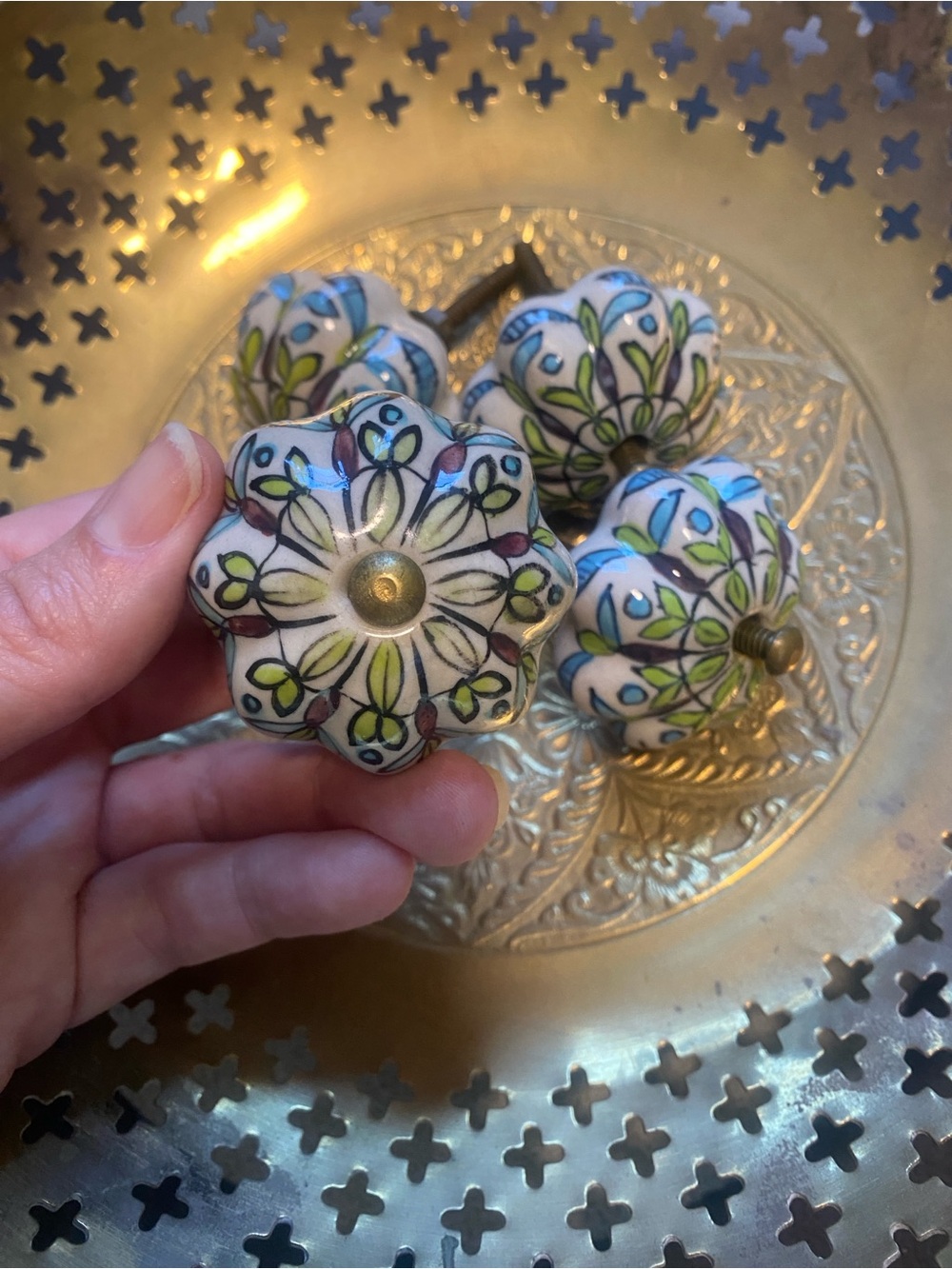 Anthropologie Drawer Pulls, set of 4 Decorative Ceramic mandala style floral